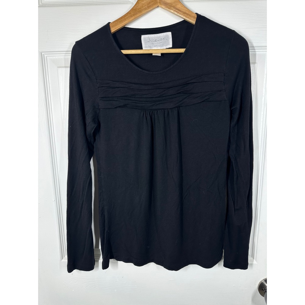 Whitewash Top Womens M Black Pleated Scoop Neck Long Sleeve Soft Stretch Casual